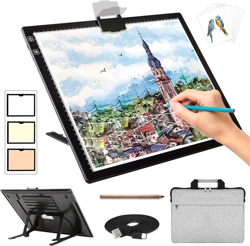 Zocelight Rechargeable A3 Light Pad for Diamond Painting with Padded Case,Light Board with Stand,3 Colors Stepless Dimmable and 6 Levels of Brightness Light Box for tracing,Drawing,Sketching,Animation - Image 1